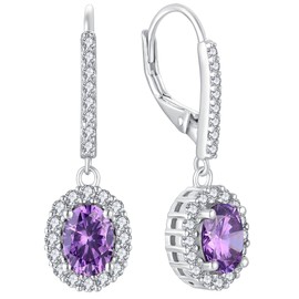 YL Women's Earrings 925 Sterling Silver 12 Birthstone Cubic Zirconia Oval Earrings, Silver, Amethyst