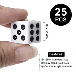 Czoynife Standard Dice, 16mm Bulk White Opaque Black Pips Six Sided Dice Set, for Rolling, Group Event, Board Games, Classroom Math (25pcs)