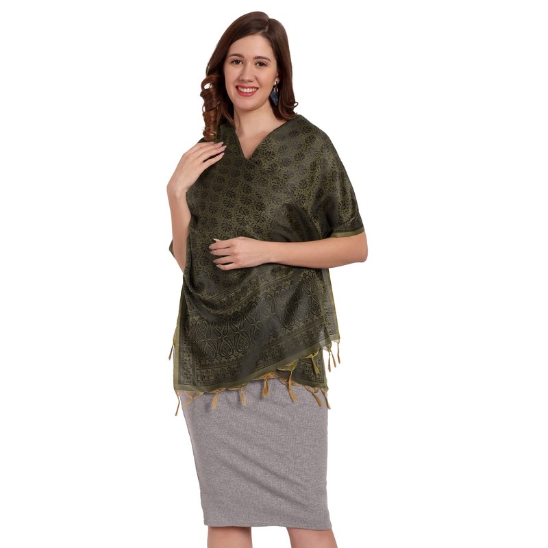 CrossKulture Tasselled HennaGreen Shawl for Women | Large & Lightweight