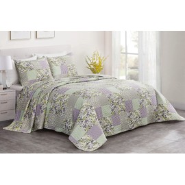 Chezmoi Collection Daisy 3-Piece Printed Patchwork Quilt Set - Purple Butterfly Botanical Candy Stripe Checkered Coverlet - Pre-Washed Microfiber Lightweight Reversible Bedspread, King Size