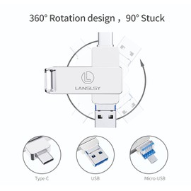 LANSLSY - Memoria USB C de 128 GB 3 en 1Tipo C Flash Drive OTG USB C a USB A 3.0 Dual Pulgar Drive Metal Giratorio de 360 Grados Unidad Flash USB C Memory Stick para Guardar más Fotos y Vídeos…