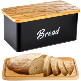 Lyellfe Farmhouse Metal Bread Box, Black Bread Storage Container with Cutting Board Lid, Vintage Retro Bread Keeper Bin for Bread, Kitchen Countertop, Pantry, Freezer, Keep Fresh