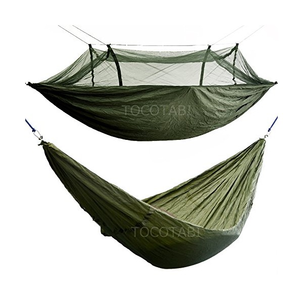 [tocotabi] Hammock with Mosquito Net! Ultra Lightweight Parachute Fabric Rope + Carabiner Set/Khaki, Mosquito Hammock, Mosquito Net Hammock