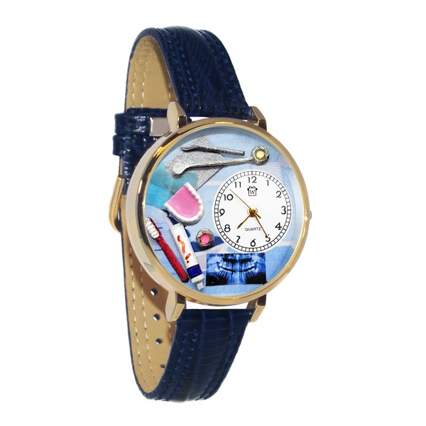 Whimsical Gifts Dentist Dental Hygienist 3D Watch | Gold Finish Large | Unique Fun Novelty | Handmade in USA | Navy Blue Leather Watch Band