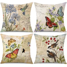 wyooxoo Farmhouse Pillow Covers 18x18 Set of 4 Spring Summer Throw Pillow Covers Linen Flower Butterfly Bird Decorative Pillowcases for Sofa Couch Living Room Outdoor