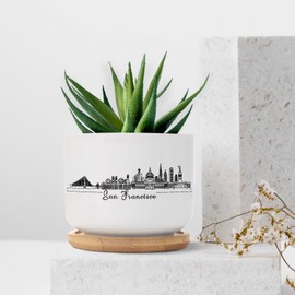 DecStic America San Francisco Planters Ceramic National Friendship Round Plant Pot with Drainage Holes and Bamboo Tray Pot for Indoor Outdoor Garden