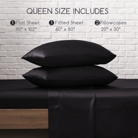 MR&HM Satin Bed Sheets, Queen Size Sheets Set, 4 Pcs Silky Bedding Set with Elastic Corner Straps and 15 Inches Deep Pocket for Mattress (Queen, Black)