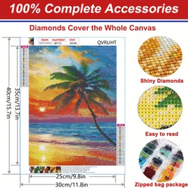 QVRUHT Beach Tree 5D Diamond Art Painting Kits, DIY Paint with Round Diamond Art Full Round Drill, Sunset Diamond Art Painting by Number Kits, Diamond Arts Craft for Home Office Wall Decor 12x16 inch