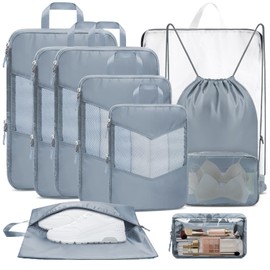Vailge Compression Packing Cubes for Suitcases and Backpack, 10-Set Travel Packing Cubes with Visible Mesh and Double Zippers, Suitcase Organiser Bags including Shoe Bag and Laundry Bag, Grey