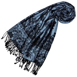 Lorenzo Cana Brand 78333 Women's Pashmina Scarf Shawl Wrap Natural Fibre Opulent Pattern in Harmonious Colours with Fringes 70 x 200 cm, blue