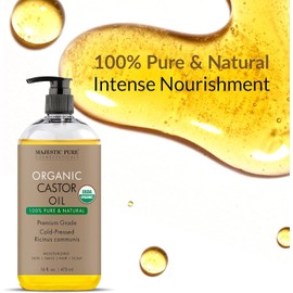Majestic Pure USDA Organic Castor Oil - 100% Pure & Natural - Premium Grade, Cold Pressed, Hexane Free - Hair, Eyelashes, Eyebrows, Nails - Moisturizing & Nourishing - 16 Fl Oz