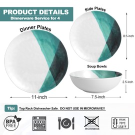 Melamine Plates and Bowls Set - 12pcs Dinnerware Dishes Set for 4, Dinner Plates for Indoor and Outdoor Use, Lightweight Break-resistant, Green & White