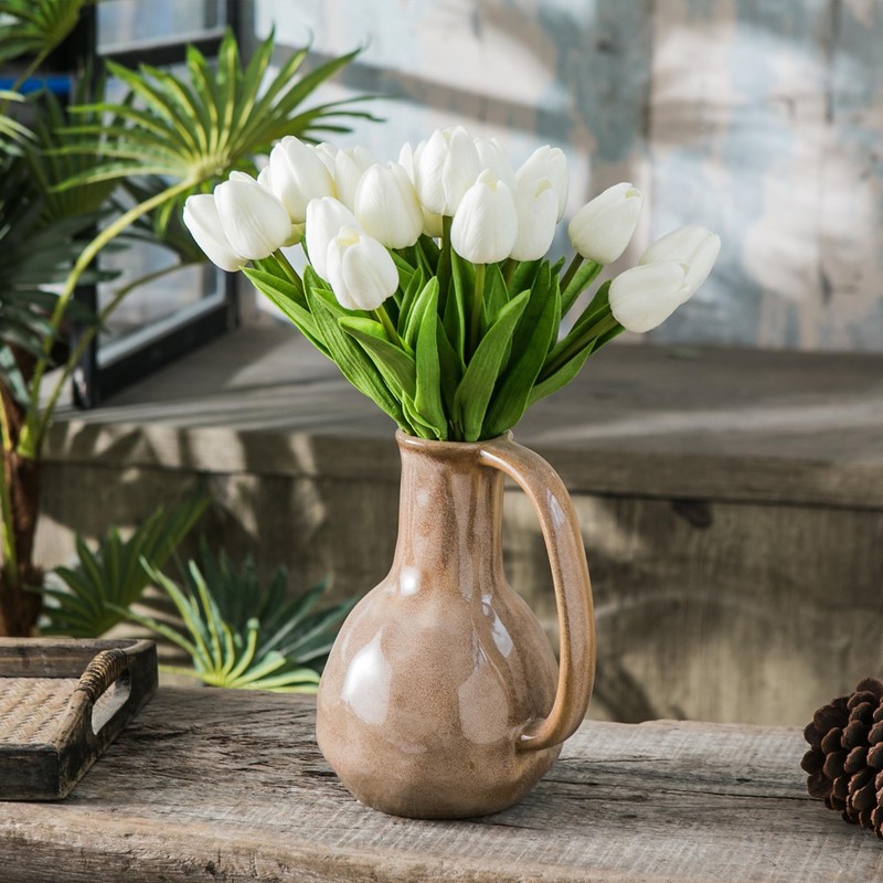 Tanvecle 20pcs White Artificial Tulip Flowers, Silk Fake Flowers 13"