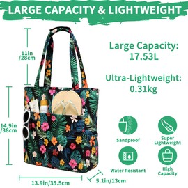 Beach Bags for Women, Kasqo Water Resistant Large Pool Bag Stylish Women Tote Ladies Zipper Shoulder Bag for Gym Travel Shopping School, Flowers
