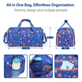 Bagseri Travel Duffle Bag Boys - Waterproof Kids Gym Sports Bag for Overnight Sleepover Bag with Shoe Compartment and Dry Wet Separation Pockets (Blue Basketball)