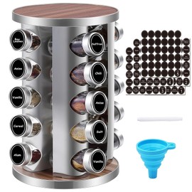 WAYDA Rotating Spice Rack Organizer, 20 Jars Revolving Seasoning Organizer for Cabinet, Stainless Steel Spice Tower for Kitchen Countertop with Reuseable Labels and Funnel
