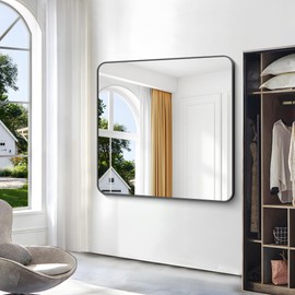 BONEWEI 48x48 inch Bathroom Mirror,Black Rectangle Mirror,Wall Mounted Bathroom Frame Vanity Mirror with Round Corner for Bedroom Living Room,Entryway Hangs Horizontal or Vertical