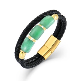 PYNZY Double-Row Leather Bracelets for Men Women, Stainless Steel Braided Bracelet with 3 Stones Beads for Jewelry Gifts, 21CM, Stainless Steel, no gemstone