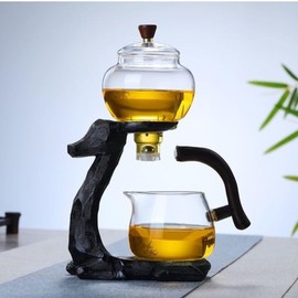 Mozeo Heat-resistant Kungfu Glass Tea Set with Heater Attract Water Diversion Rotating Cover Bowl Lazy Semi-Automatic Deer Glass Teapot (Black deer single)