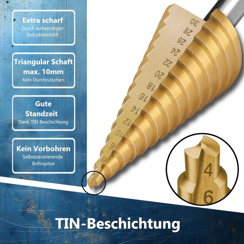 AM-Zerspanungstechnik HSS TiN Step Drill Bit Set 3 Pieces |