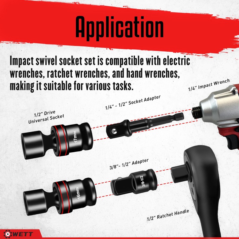 WETT 18-Piece 1/2" Drive Shallow Impact Universal Joint Socket Set,