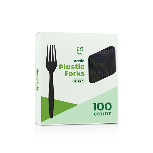 [100 Pack] Heavy Duty Disposable Basic Plastic Forks - Black…