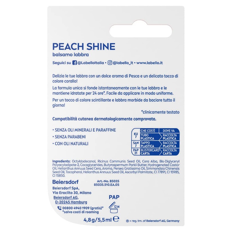 Labello Peach Shine Lip Balm 4.8 g, Colourful Lip Balm