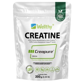 Wellthy Creatina Monohidratada Micronizada Creapure® 200g. 100% Pura. Solo 1 Ingrediente Creatina Alemana Creapure®. Vegana, Sin Azúcar, 40 porciones, 5g por porción, Pre Enteno con Scoop. Pure. Proven. Perfect.