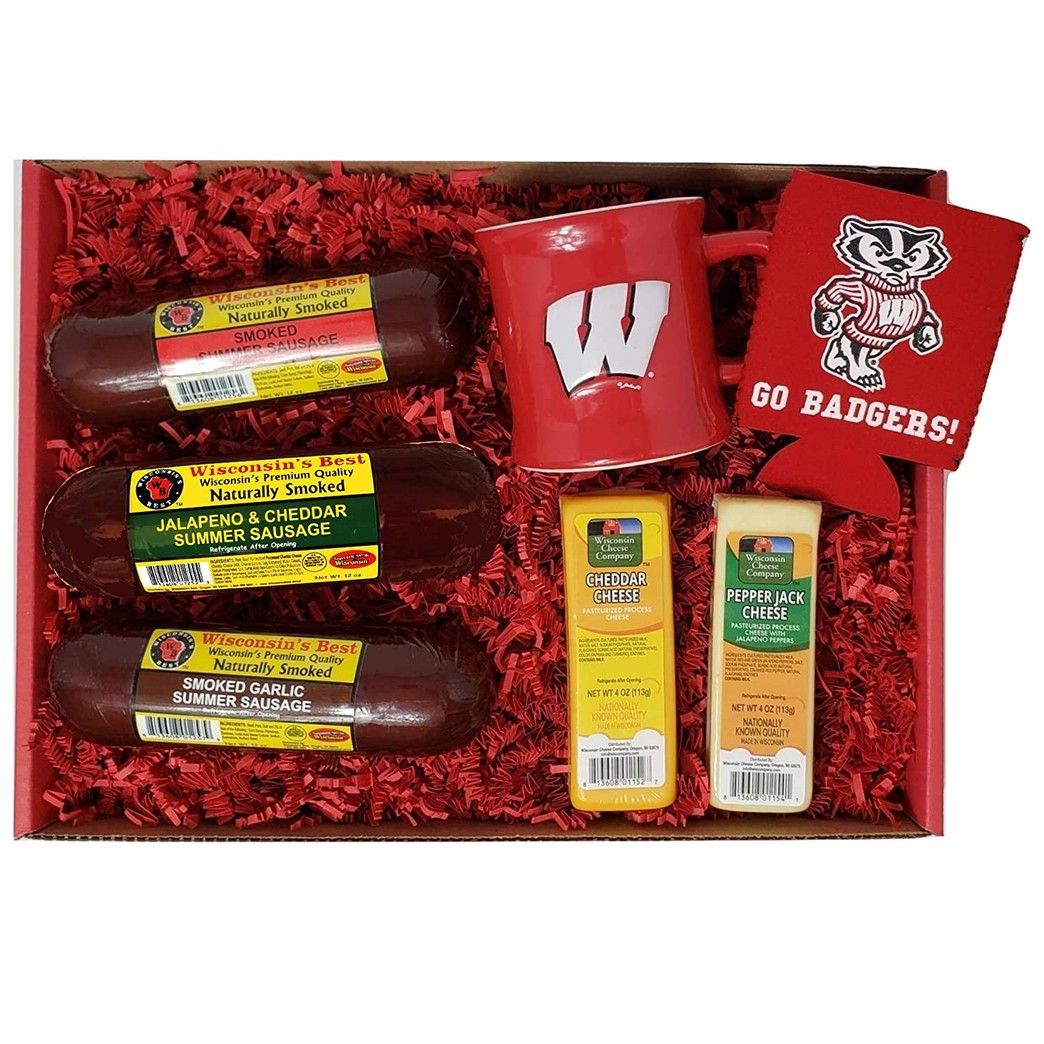 Wisconsin's Best & Wisconsin Cheese Company Badger Fan Gift Basket - features Smoked Summer Sausage Sampler, 100% Wisconsin Cheeses & Badger Gifts