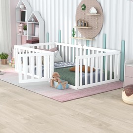 Harper & Bright Designs Twin Floor Bed with Rails, Wood Floor Bed Frame with Fence and Door, for Kids Girls Boys (Twin Size, White)