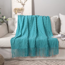 MIULEE Teal Knitted Throw Blanket for Couch Textured Knit Blanket with Tassels Cozy Woven Bed Blanket for Sofa Bed Chair Wave Pattern Home Decor for All Seasons 50"x60"