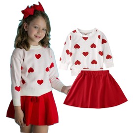 LXXIASHI 2PCS Baby Girl Valentine's Day Outfits Set Long Sleeve Heart Shape Sweatshirt + A-Line Skirt (White Red, 5-6Y)