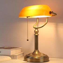 NISSAFORS Bankers Desk Lamp, Amber Glass Shade, Vintage Desk Lamp with Pull Chain Switch, Retro Table Lamps for Home Office LED Bulb Included (Brass+Amber, Large)