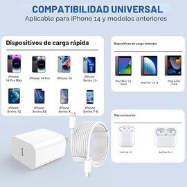 Cargador de iPhone de carga rápida, paquete de 2 bloques de carga de pared tipo C con 2 unidades [6 pies y 10 pies] cable USB C a Lightning para iPhon