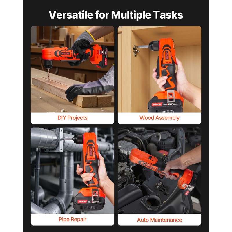 VEVOR Right Angle Drill, 3/8 Inch Chuck, 90 Degree Cordless