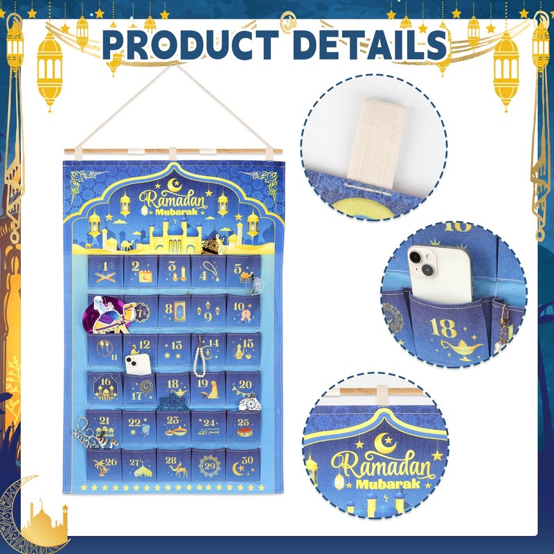 DPKOW Ramadan Advent Calendar 30 Pockets, Linen Fabric Ramadan Hanging