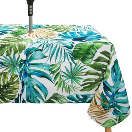 bnhjsdw Tropical Leaves Outdoor Tablecloth with Umbrella Hole for Rectangle Table, Waterproof Green Leaf Patio Table Cloth with Zipper - 60 x 84 inches