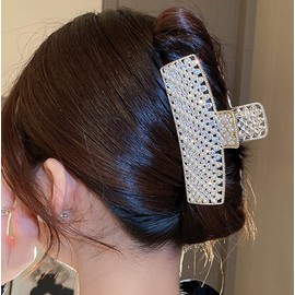 Jumwrit Large Pearl Hair Claw Clip Rhinestone Hair Jaw Clip Strong Hold Metal Hair Clamp Fashion Rectangle Hair Claw for Women Girls (Gold)