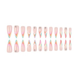 Colorful French Tip Press on Nails Long Fake Nails Stiletto False Nails Press ons Rhinestone Design Glossy Acrylic Artificial Nails for Women 24 Pcs