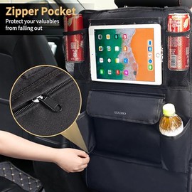 LUCMO Organizador de asiento trasero de coche con soporte para tablet de visualización táctil, 9 bolsillos de almacenamiento, protectores de patadas, 