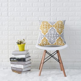 HWY 50 Mustard Yellow Decorative Throw Pillow Cover 18x18 Inch, Embroidered Cotton Cushion Covers Accent Floral Throw Pillow Cases Set for Couch Bed Bedroom Pack of 2