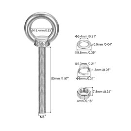 sourcing map Lifting Eye Bolts Set of 2 M5 x 50 mm Eye Bolt with Nut Washer 304 Stainless Steel Shoulder Lifting Ring Eye Screw for Hanging Items