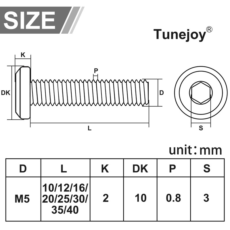 Tunejoy Flat Head Screws Black M5 x 10 mm Flat