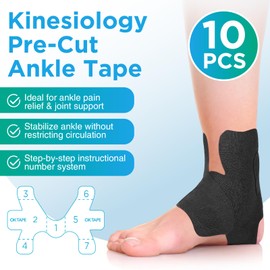 Sports Kinesiology Ankle Support for Ankle Sprains and Injury Healing, Single Structure K Tape Patches, Kinesiology Band, Ankle Support, Compression Support (Black, 10 Pieces)