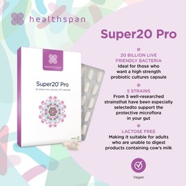 Healthspan Super20 Probiotic (60 Capsules) | Blend of 20 Billion Live Cultures from Five Strains | Promotes Friendly Gut Bacteria for Gut Health | Long Shelf Life and Lactose Free | Vegan
