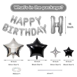 Happy Birthday Balloons Banner, Silver Happy Birthday Foil Balloons 16 Inch Mylar Foil Letter Balloons with 8 Pcs Black Silver Star Balloons for Women Men Boys Girls Silver Birthday Party Decorations