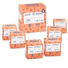 Pura Size 3 Eco-friendly Diapers (9-20lbs) Totally Chlorine Free (TCF), Hypoallergenic, Soft Organic Cotton, Sustainable, up to 12 hours leak protection, Allergy UK, 6 packs of 26 (156 Diapers)