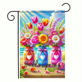 BlissYard Welcome Spring Summer Garden Flag 12 x 18 Inch Double Sided Flower Small Decorative Garden Flag Floral Mason Jar Beach Coastal Yard Lawn Outside Decor Outdoor Home Decoration