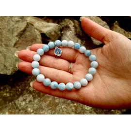 Our Lady of Grace Stretch Bracelet, 8mm Sky Blue Jade Beads, Confirmation Prayer Bracelet, Virgin Mary Bracelet, First Holy Communion Gift (FITS ~ 7 INCH WRISTS)