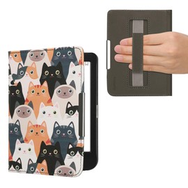 kwmobile Flip Case Compatible with Kobo Clara BW/Clara Colour/Tolino Shine (5) / Shine Colour Case - Flip Case for eReader with Hand Strap - Cats Orange Black White